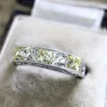 Macro detail of a vintage silver alloy ring featuring five square yellow zircon stones. - Size 5 / Silver Square Yellow Zirconia Style (CY915)