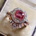 Exquisite vintage rose gold pink zircon engagement ring set featuring an Art Deco halo design - Size 5 / Pink Square Zirconia Set Style (CY806)