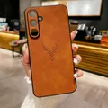 Detailed view of brown faux sheepskin leather phone case with embossed deer head for Samsung A55 - iPhone 11 / Light Brown