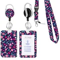 Floral pattern ID badge holder set with retractable reel and matching neck lanyard. - Pink Blue Floral Style (5349925509694)