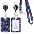 Blumiger ID-Kartenhalter Set mit ausziehbarem Schlüsselband und Ausweisrolle - Dark Blue Floral Style (5349925509695)