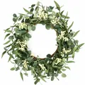 Detailed view of artificial eucalyptus leaf and white berry wreath for spring home decor - Eucalyptus Berry Style (CX-22-3) / 50cm