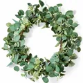 Detailed macro view of artificial eucalyptus leaves and white berries on a wreath - Eucalyptus Berry Style (CX-22-4) / 50cm