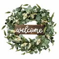 Künstlicher Eukalyptus-Kranz mit weißen Beeren und rustikalem hölzernem Welcome-Schild - Willkommensschild Eukalyptus-Stil (CX-22-7) / 50cm