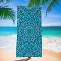Blue mandala pattern microfiber quick-dry beach towel displayed on a tropical sandy beach - 120x60cm / Blue Symmetric Geometric Pattern (6)