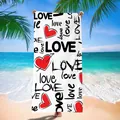 Macro detail of microfiber quick-dry beach towel featuring red heart and LOVE typography - Love Heart Print Style / 120x60cm