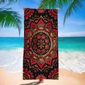 Red and black mandala print quick-dry microfiber beach towel shown in beach setting - Red Black and Gold Mandala Style (12) / 120x60cm