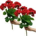 Flores de geranio artificiales rojas con hojas verdes sostenidas sobre fondo blanco. - Rojo
