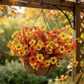 Close-up of artificial flowers in a hanging wire basket with coconut fiber liner - Autumn Persian Leaf Style