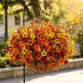 Close-up of vibrant autumn-toned artificial flowers in a coconut coir hanging basket - Autumn Style