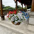 Vibrant artificial violet flowers in a coconut fiber hanging basket for outdoor decor - Tricolor Red Blue White Style