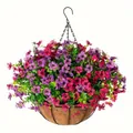 Detailed view of vibrant artificial purple flowers in a coconut coir hanging basket - Rose Red With Red Lotus Style