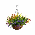 Colorful artificial violet flowers in coconut palm hanging basket for garden decor - Colorful Flowers Style