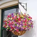 Vibrant multi-colored artificial petunia flowers in a coco liner hanging basket - Pink & Purple Style