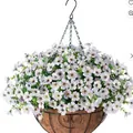 Artificial white violet hanging plant in coconut liner basket with iron chain hanger - White Style