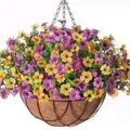 Artificial violet flower hanging basket with coco liner and iron frame for garden decor - Purple & Yellow Style