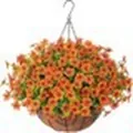 Vibrant orange artificial flower hanging basket with coconut palm liner for garden decor. - Orange Style