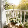 Outdoor hanging basket with artificial flowers and coco liner on metal bracket - Light Pink & White Style