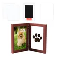 Detailed view of the pet paw print souvenir kit featuring a wooden frame and ink pad - Redwood
