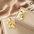 Elegant gold irregular stainless steel stud earrings with textured leaf petals - Double Layer Leaf Staggered Style (E1323-A) / 1 Pair Pack / Gold