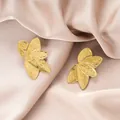European style gold irregular double-layer leaf earrings with a textured finish on silk - Double Layer Brushed Leaf Style (E1344-A) / 1 Pair Pack / Gold