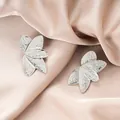 Elegant silver textured leaf stud earrings made of high-quality double layer stainless steel - Engraved Layered Leaf Silver Style (E1344-B) / 1 Pair Pack / Steel