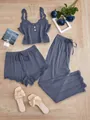 Ensemble détente 3 pièces bleu avec dentelle, débardeur, short et pantalon - S / Haut Et Bas / Bleu gris