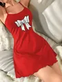 Nuisette rouge sans manches avec imprimé nœud blanc et ourlet à volants pour la maison - S / Papillon / Rouge