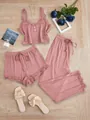 Ensemble de pyjama côtelé 3 pièces rose poudré avec dentelle et pantalon fluide - S / Haut Et Bas / Rose