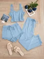 Ensemble pyjama 3 pièces bleu clair pour femme avec dentelle et haut côtelé chic - S / Haut Et Bas / Bleu clair