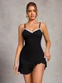 Sottoveste nera sexy con pizzo bianco e bordo a volant irregolare per donna - Nero