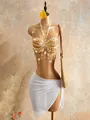 Close-up of bohemian handmade beaded halter top with sparkling hanging crystal tassels - XS / Tops / Yellow