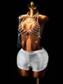 Detailed view of rave crystal fringe body chain with silver metallic hot pants. - One Size / Coffee