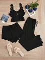 Ensemble de pyjama noir trois pièces confortable avec bordure en dentelle élégante - S / Haut Et Bas / Noir