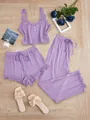 Élégant ensemble de détente violet 3 pièces avec débardeur en dentelle et pantalon - Mauve Clair