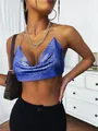 Trendy sexy blauwe pailletten halter crop top met metalen mesh textuur en chic rugloos ontwerp - Eén maat / Tops / Saffierblauw