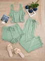 Ensemble de pyjama 3 pièces vert sauge pour femmes avec dentelle et texture côtelée - Vert clair