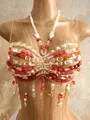 Handmade beaded bohemian halter top with fringe for beach vacation or summer styling. - XS / Tops / Red