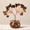 Mini Tigerauge Kristall Geldbaum Ornament mit Kupferdraht und Glasbasis - Tigerauge