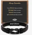 Handgemaakte gevlochten leren herenarmband met gegraveerde magnetische stalen sluiting - Inspirerende Quote Stijl (Always Remember) / 9 inch