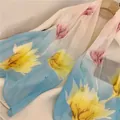 Detailed view of lightweight sheer chiffon long scarf with vibrant yellow and pink floral prints - Blue Yellow Gradient Floral (38#) / 50-150cm
