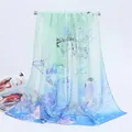 Detailed view of chiffon scarf with elegant magpie and floral prints in mint and blue - Magpie Plum Style (2#) / 50-150cm / Green To Blue Gradient