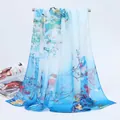 Detailed view of a blue gradient chiffon scarf with magpie and floral prints - Blue Gradient Magpie Style (8#) / 50x150cm