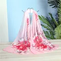 Close-up of pink floral chiffon scarf with vibrant peony flower print on a wooden surface - Pink Magpie Spring Flower Style (9#) / 50x150cm