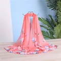 Elegant chiffon long scarf featuring a delicate pink and blue floral magnolia print - Coral Pink Magpie Spring Style (15#) / 50x150cm