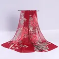 Elegant red chiffon long scarf featuring vivid peony floral prints and soft texture. - Pure Red Peony Print Style (34#) / 50x150cm