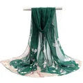 Élégante écharpe longue en mousseline vert foncé avec imprimé floral blanc pour femme - Style Prunier Blanc Vert Foncé (22#) / 50x150cm