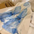 Elegant women's chiffon long scarf with blue floral print on beige background - Blue Floral Print Style (21#) / 50-150cm / Milky White