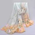 Elegant chiffon long scarf with bird and flower print in light green and coffee hues - Light Green & Coffee Magpie Style (6#) / 50x150cm