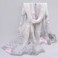 Elegant long chiffon silk scarf with pink floral and bird print in ocean grey finish - Ocean Grey Magpie Style (7#) / 50x150cm